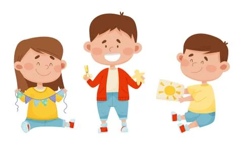 Children Holding Scissors and Doing Paper Craft Vector Illustrations Set Stock Illustration