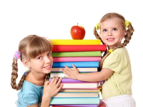 Children holding stack of book. 스톡 사진