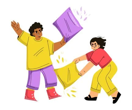 Children Hooligan with Bad Behavior Fighting with Pillow Vector Illustration イラスト素材