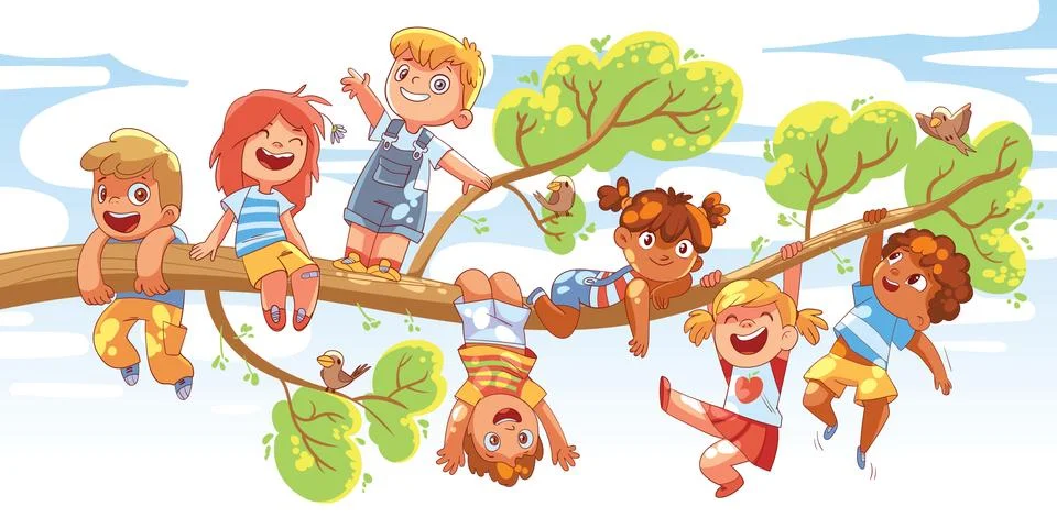 Children hung on a tree branch on sunny day. Colorful cartoon characters Stock Illustration