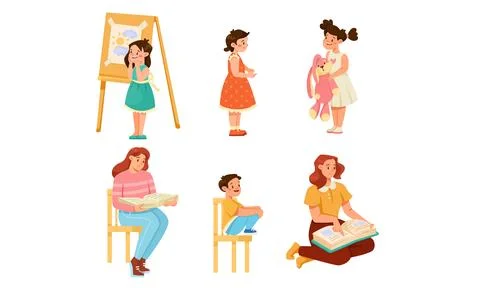 Children immersed in various creative activities and learning experiences Stock Illustration