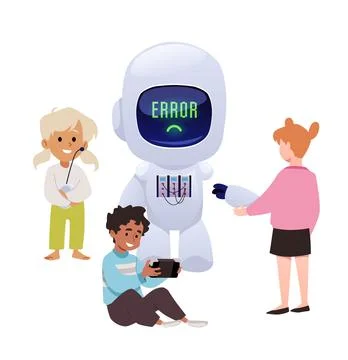 Children interacting with robot showing error message on screen with sad face. Illustrazione stock