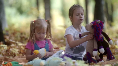 Children joyfully playing with their soft stuffed animals during the colorful Stock Footage 311659411