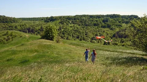 Children with a kite run down the hillside Stock Footage 90348446