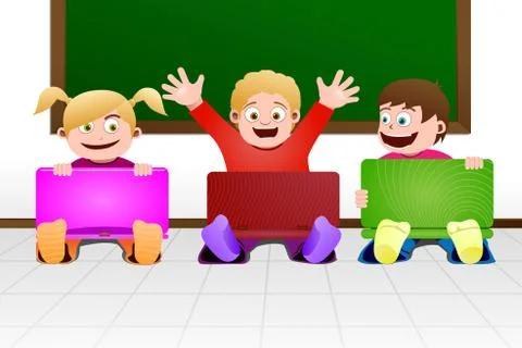 Children with laptop in classroom Stock Illustration