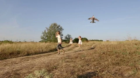 Children launch a kite at sunset Stock Footage 80349529