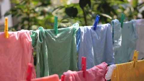Children laundry drying on the clothesline close up. Stock Footage 236625043