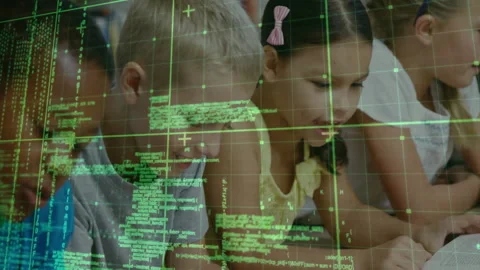 Children leaning forward, exploring green code grid overlay, collaborating in Stock Footage 307550027