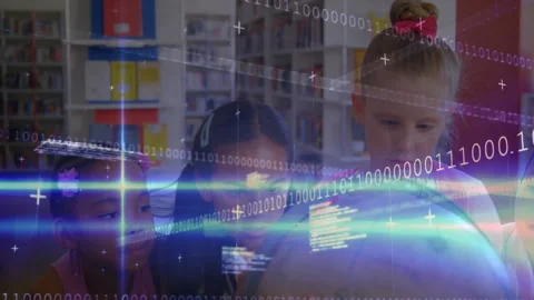 Children leaning over globe, rotating continents in library, activating AR Stock Footage 312099444