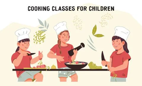 Children learn cooking and develop love for food preparation, vector isolated Stockillustratie