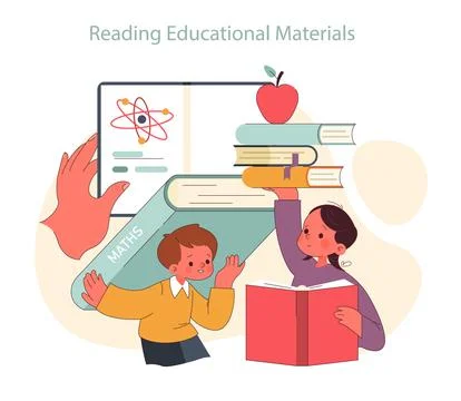 Children learn. Elementary school classes. Kids reading books, exploring Stock Illustration