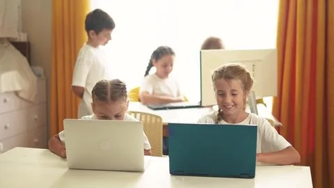 Children learn from home through computers. business concept of modern training Stock Photos