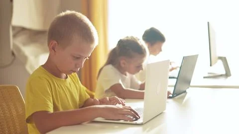 Children learn from home through computers. business concept of modern training Stock Photos