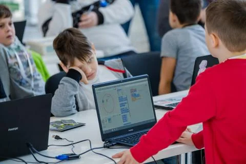 Children learn how to program a robot at Skolkovo Stock Photos