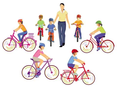 Children learn to ride a bicycle Illustrazione stock