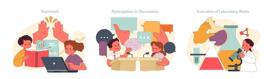 Children learn set. Elementary school classes. Students collaborate, discuss Stock Illustration