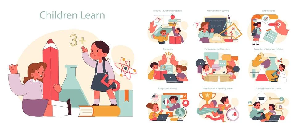 Children learn set. Elementary school classes. Children engaging in studies Stock-Illustration