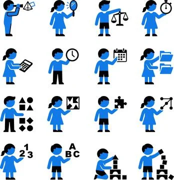 Children Learning and Playing with Educational Icons and Toys. Stock Illustration