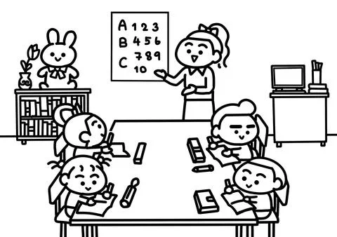 Children learning in classroom coloring pages style. Stock Illustration