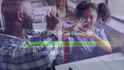 Children learning in classroom with encrypted data transfer animation overlay Stock Footage 303589453