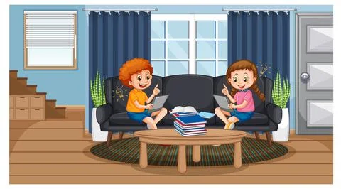 Children learning from home on electronic device Ilustração Stock