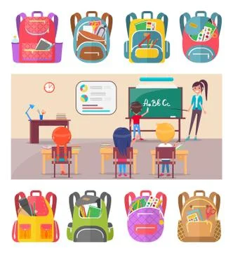 Children learning letters at school lesson with teacher Stock Illustration
