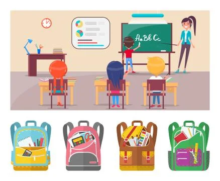 Children learning letters at school lesson with teacher Stock Illustration