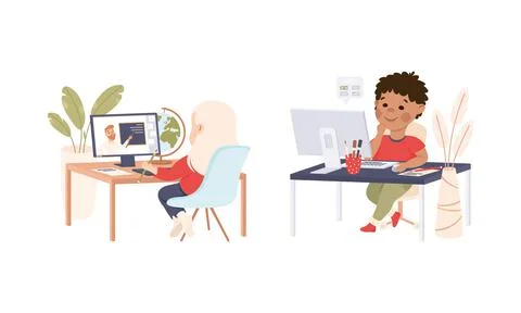 Children learning online set. Boy and girl sitting behind desk studying online Ilustração Stock