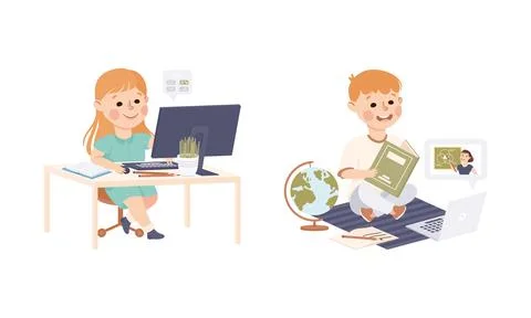 Children learning online using laptop computers. Homeschooling, e-learning Ilustración de archivo