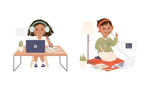 Children learning online using laptop computers. Schoolkids at distance learning Ilustración de archivo