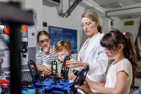 Children learning robotics in Elementary school. Young students programming Stock Photos