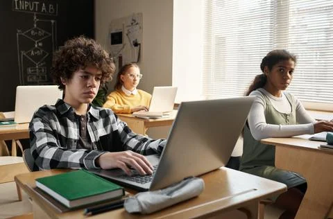 Children learning to use computer at lesson Foto stock