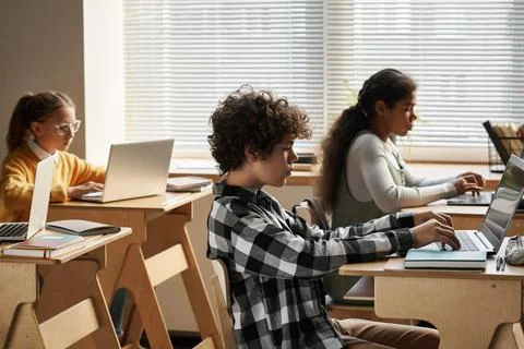Children learning to work with computer program Foto stock
