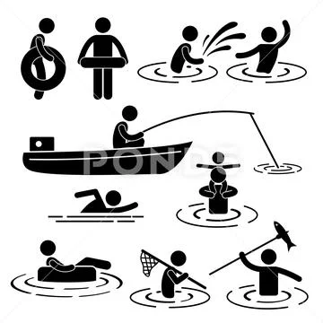 Children Leisure Swimming Fishing Playing at River Water Stick Figure Pictogram Stock Illustration