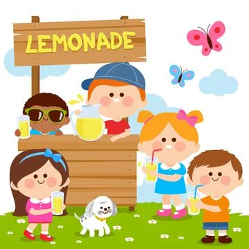 Children at a lemonade stand drinking lemon juice. Vector illustration Stock Illustration