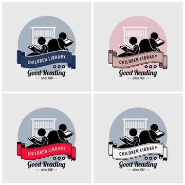 Children library logo design. Vector artwork of boy and girl reading book in  Stock Illustration