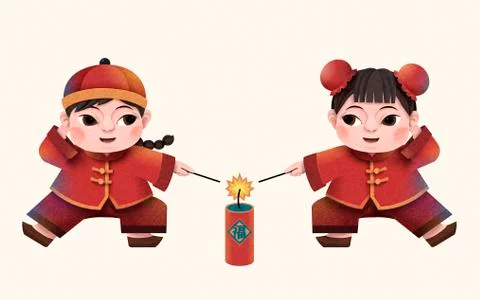 Children lighting firecrackers Stock Illustration