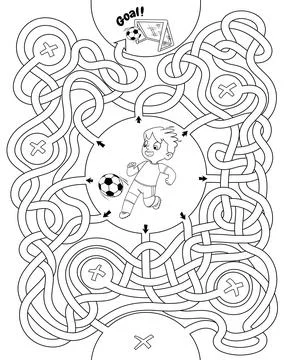 Children logic game to pass the maze. Boy is playing soccer Stock Illustration
