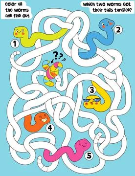 Children logic game to pass the maze. Color all the worms and find out which  Stock Illustration