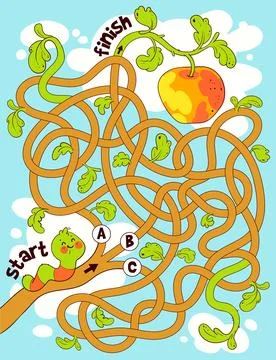 Children logic game to pass the maze. Help caterpillar through labyrinth. E.. Stock Illustration