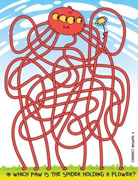 Children logic game to pass the maze. In which paw is the spider holding a fl Stock Illustration