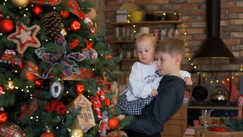 Children Looking at Christmas Tree Decorations Stock Footage 119358382