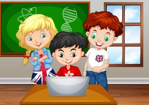 Children looking at computer in classroom 库存插图