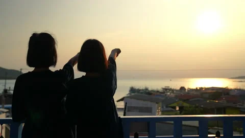Children looking point of view sea on sunset sky background Stock Footage 237337517