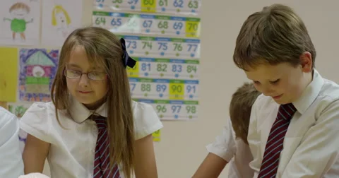 Children looking at volcano model while working on science project Stock Footage 58574608