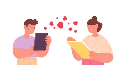 Children in love. Cute teens using tablet and smartphone. Digital friendship Stock Illustration