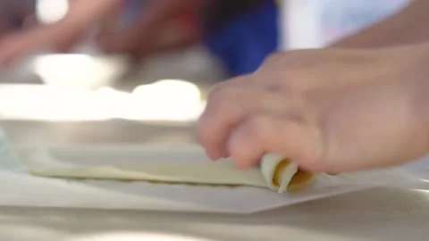 Children make bread dough at school. Cooking class. Video stock 266828225