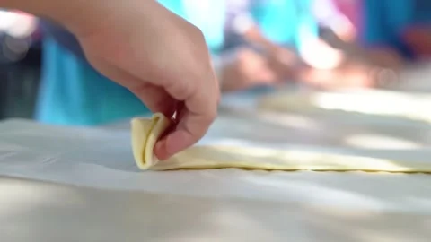 Children make bread dough at school. Cooking class. Stock-Footage 266828300