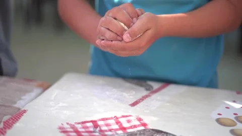 Children make bread dough at school. Cooking class. Video stock 266828852
