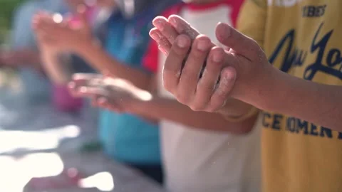 Children make bread dough at school. Cooking class. 스톡 동영상 266829197
